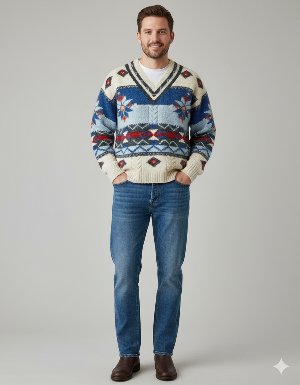 Hand Knit Sweater unisex V Neck Aztec Vtg Fisherman western Fair Isle XL fit L